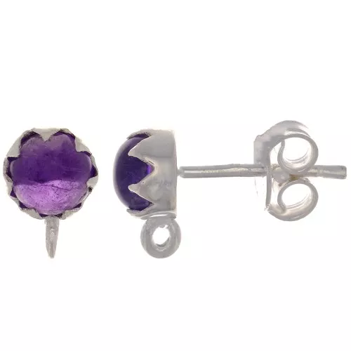 Orecchini perno 6 mm con semi pietra preziosa - Argento 925 - Ametista x2