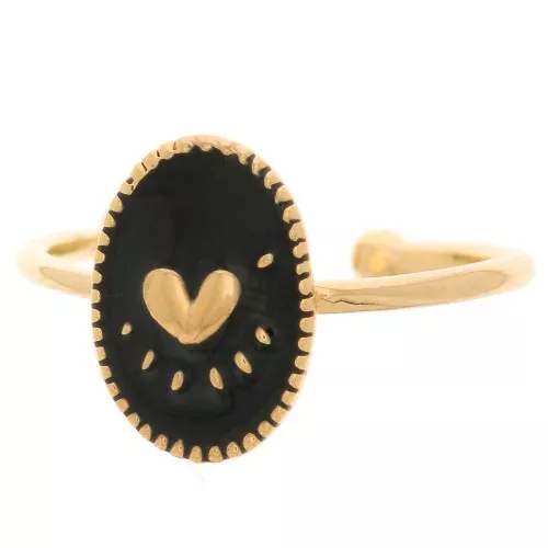 Anello ovale regolabile con resina epossidica - cuore-dorato con oro fino- Nero x1