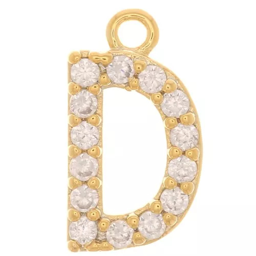 Ciondolo alfabetico da 10 mm con ossidi di zirconio - D - Dorato con oro fino x1
