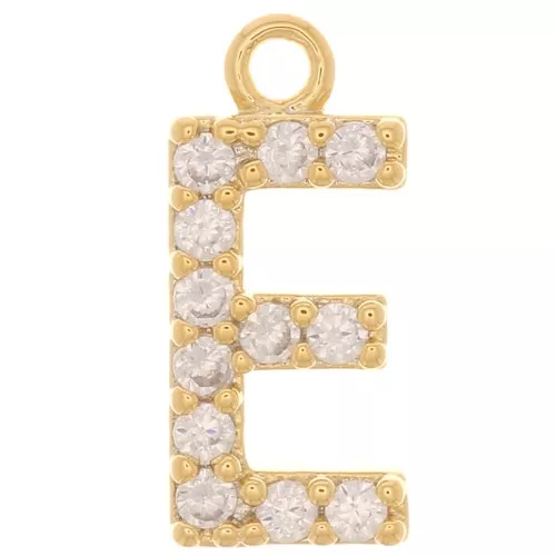 Ciondolo alfabetico da 10 mm con ossidi di zirconio - E - Dorato con oro fino x1