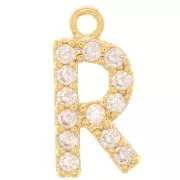 Ciondolo alfabeto 10 mm con ossido di zirconio - R - Dorato - Cristallo x1