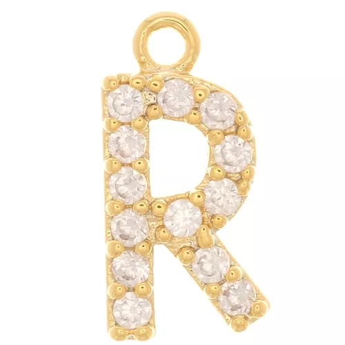 Ciondolo alfabeto 10 mm con ossido di zirconio - R - Dorato - Cristallo x1