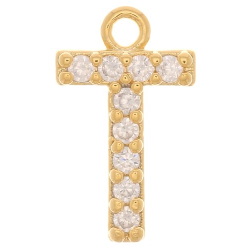 Ciondolo alfabeto 10 mm con ossido di zirconio - T - Dorato - Cristallo x1