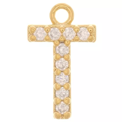 Ciondolo alfabeto 10 mm con ossido di zirconio - T - Dorato - Cristallo x1
