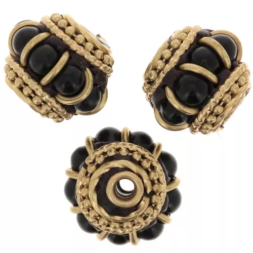 Perlina etnica indonesiana 11x13 mm - Nero - Dorato x1