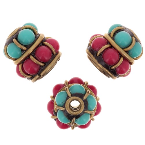 Perlina etnica indonesiana 11.5x11 mm - Rosso - Turchese x1