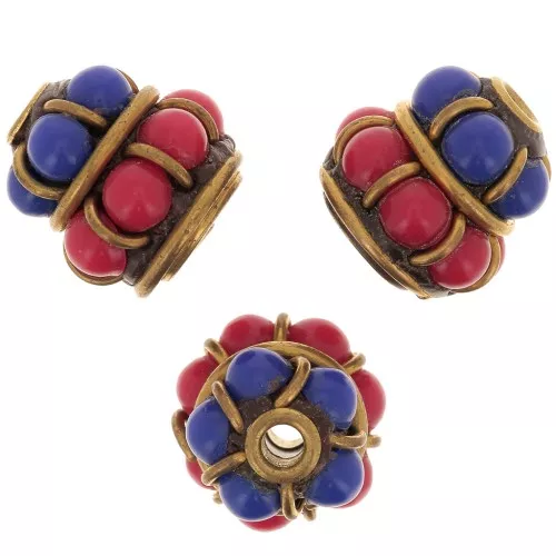 Perlina etnica indonesiana 11.5x11 mm - Rosso - Blu scuro x1