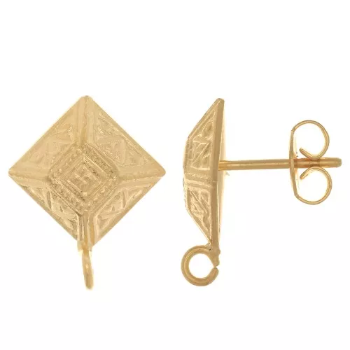 Orecchini perno rombo etnico 14 mm - 16x13mm anello aperto- Dorato con oro fino x2