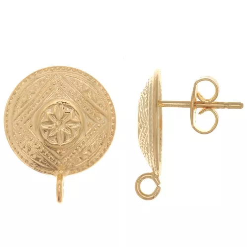 Orecchini perno rotondo etnico 14 mm - anello aperto- Dorato con oro fino x2