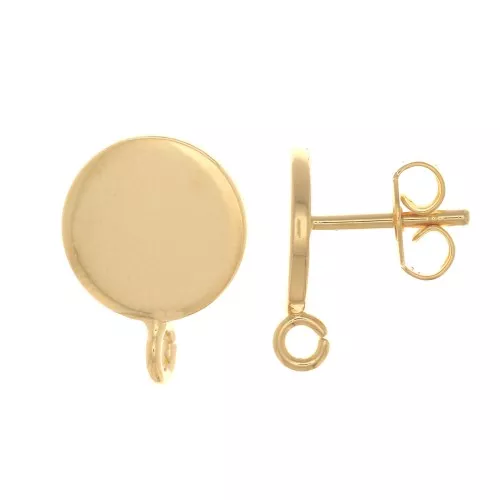 Orecchini perno a disco 8 mm -anello perpendicolare aperto- Dorato con oro fino x2