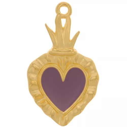 Pendente a cuore Ex-voto 27x15mm con resina eposs. Dorato con oro fino-Prugna x1