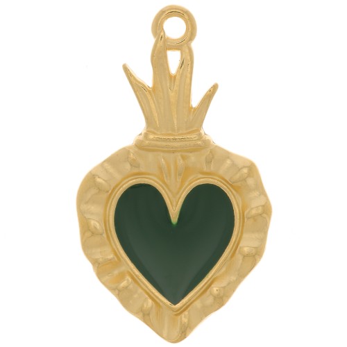 Pendente a cuore Ex-voto 27x15mm con resina eposs. Dorato con oro fino-Verde abete