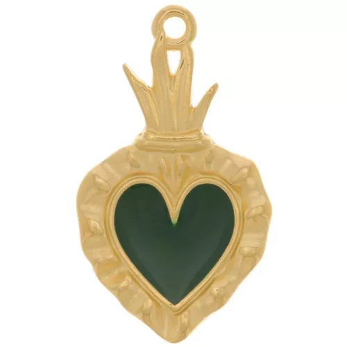 Pendente a cuore Ex-voto 27x15mm con resina eposs. Dorato con oro fino-Verde abete