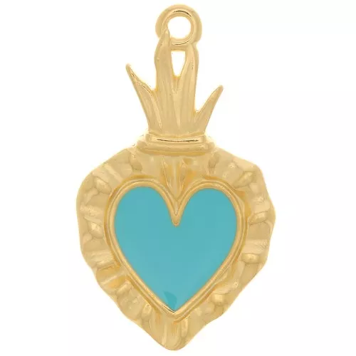 Pendente a cuore Ex-voto 27x15mm con resina eposs. Dorato con oro fino- Turchese
