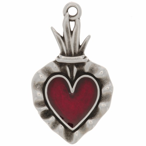 Pendente a cuore Ex-voto 27x15mm con resina epossidica - Argento antico - Rosso x1