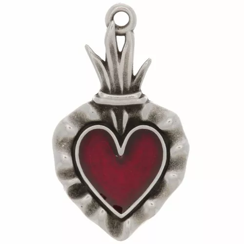 Pendente a cuore Ex-voto 27x15mm con resina epossidica - Argento antico - Rosso x1