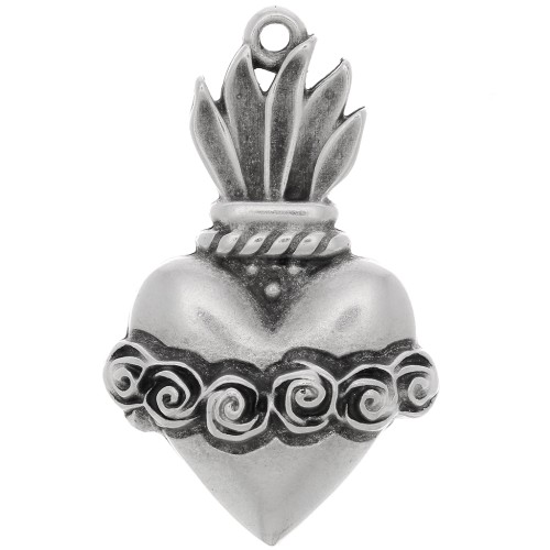 Pendente ex-voto a forma di cuore con fiori 31x19 mm - placcatura argento fino anticato x1