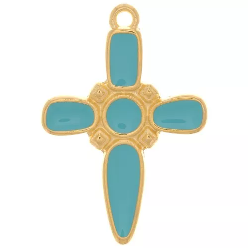 Pendente croce 28x19 mm con resina epossidica -dorato con oro fino- Turchese x1