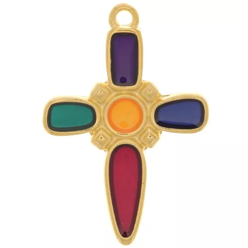 Pendente croce 28x19 mm con resina epossidica -dorato con oro fino- Multicolore x1