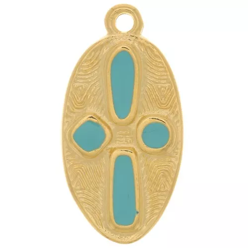 Pendente a croce ovale 23x12mm -resina epossidica -Dorato con oro fino- Turchese