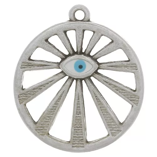 Pendente tondo traforato occhio 22 mm con resina epossidica - Argento antico - Blu