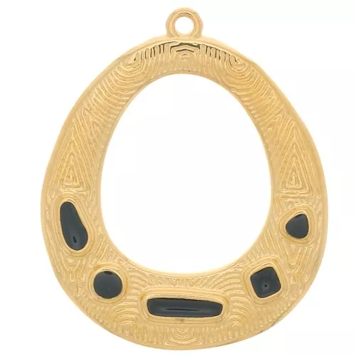 Pendente etnico ovale scavato - resina epossid 34x28mm -Dorato oro fino - Nero x1