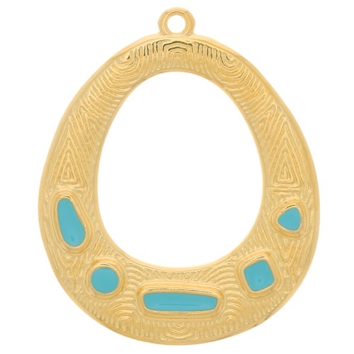 Pendente etnico ovale scavato - resina epossid 34x28mm -Dorato oro fino- Turchese