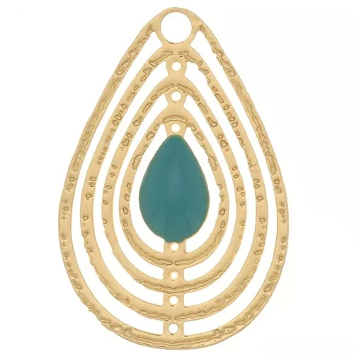 Ciondolo goccia traforato con resina epossidi 18x12 mm -Dorato- Green Turchese x1