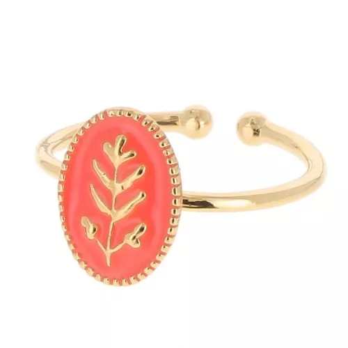 Anello ovale regolabile con resina epossidica -foglia -Dorato- Arancionex1