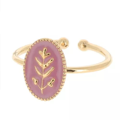 Anello ovale regolabile con resina epossidica -foglia -Dorato- Rosa antico
