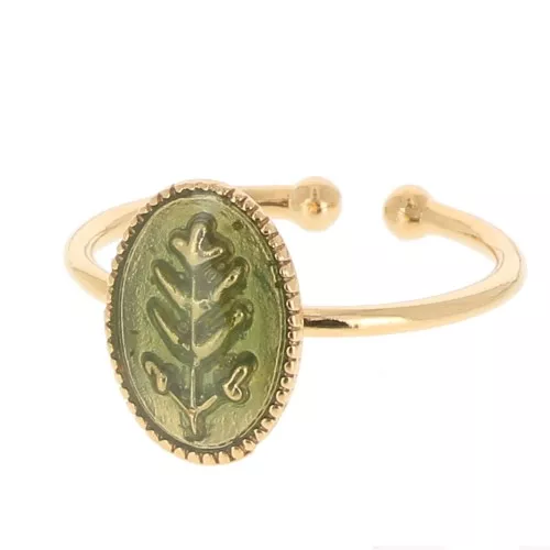 Anello ovale regolabile con resina epossidica -foglia -Dorato- Verde
