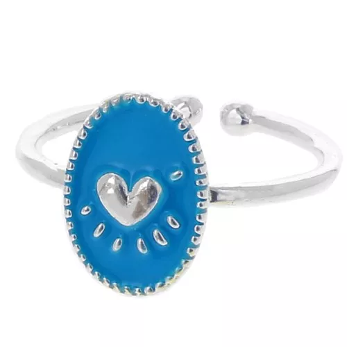 Anello ovale regolabile con resina-cuore-Placcatura argento fino-blu