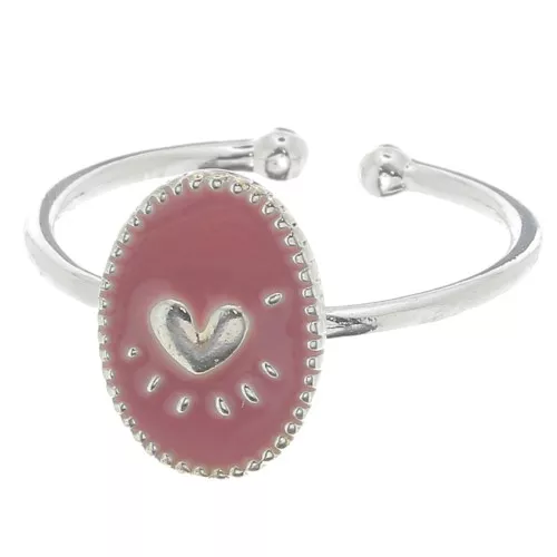 Anello ovale regolabile con resina-cuore-Placcatura argento fino-rosa antico