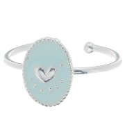 Anello ovale regolabile con resina-cuore-Placcatura argento fino-blu cielo