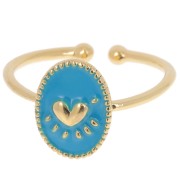 Anello ovale regolabile con resina epossidica -cuore-dorato con oro fino- Blu|raw }}