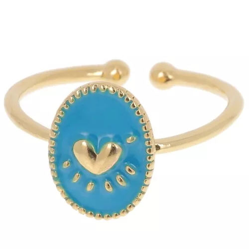 Anello ovale regolabile con resina epossidica -cuore-dorato con oro fino- Blu