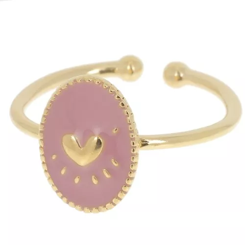 Anello ovale regolabile con resina -cuore-dorato con oro fino-Rosa antico