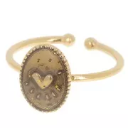 Anello ovale regolabile con resina epossidica -cuore-dorato con oro fino- Marrone