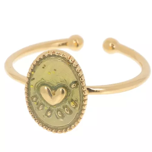 Anello ovale regolabile con resina epossidica - cuore-dorato con oro fino- Verde
