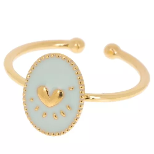 Anello ovale regolabile con resina epossidica -cuore-dorato con oro fino-blu cielo