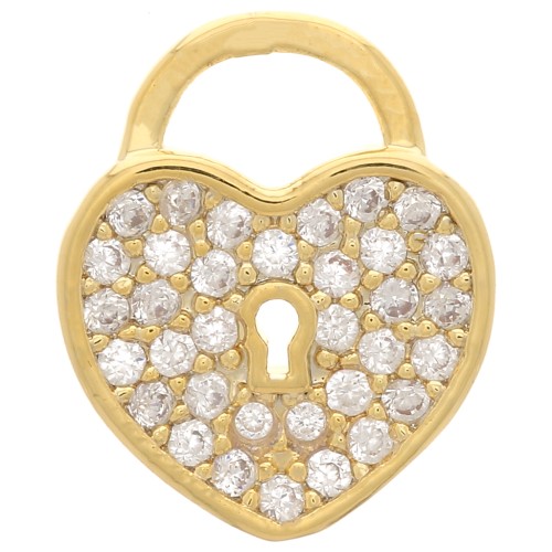 Ciondolo lucchetto cuore con ossido di zirconio 12x10 mm - Dorato - Cristallo x1