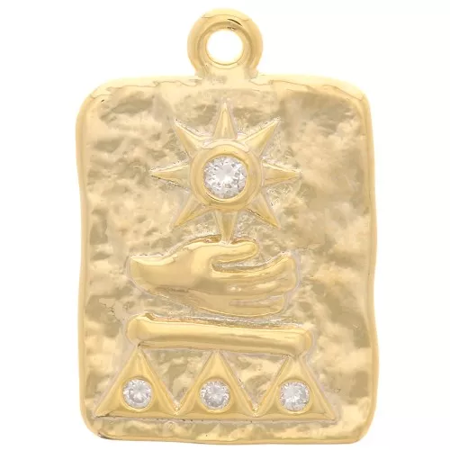 Pendente rettangolare martellato 19x13mm egiziano-con Ossido di zirconio dorato- Cristallo x1