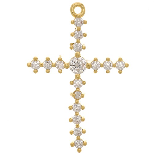 Pendente a croce 23,5x16,5 mm con ossidi di zirconio - Dorato con oro fino - Cristallo x1