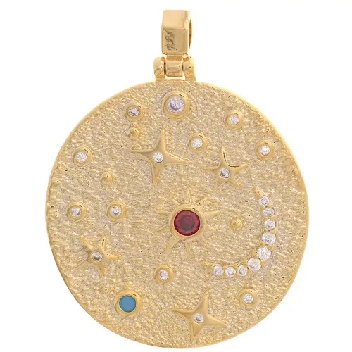 Pendente rotondo irregolare 29 mm - sole e stelle con  Ossido di zirconio dorati- Multicolore