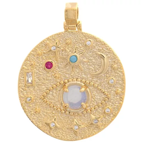 Pendente rotondo irregolare 27mm - occhio e stelle con zirconi-Dorato- Multicolore