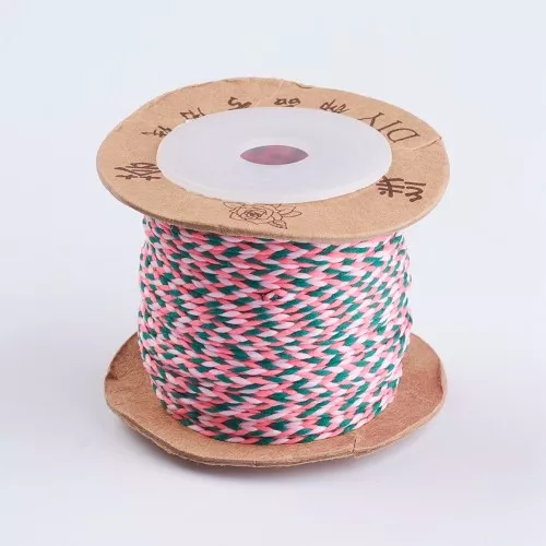 Cordoncino di cotone intrecciato 2 mm -Rosa fluo - Rosa chiaro-Verde scuro x1m