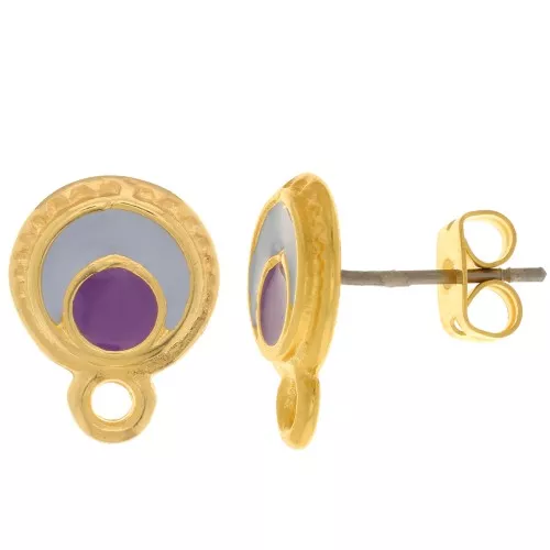 Orecchini perno tondi 10.5 mm con resina epossidica -Dorato - Viola x2