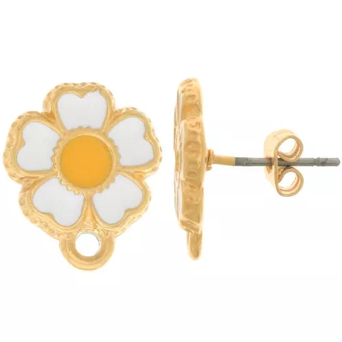 Orecchini perno margherita 13mm con resina eposs. dorato con oro fino Bianco x2