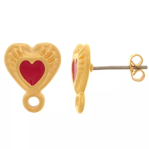 Orecchini perno cuore 14x11mm con resina epossidica-Dorato con oro fino - Rosso x2