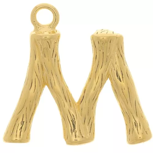 Pendente lettera alfabeto effetto bambù 15x15.5 mm - M -Dorato con oro fino x1